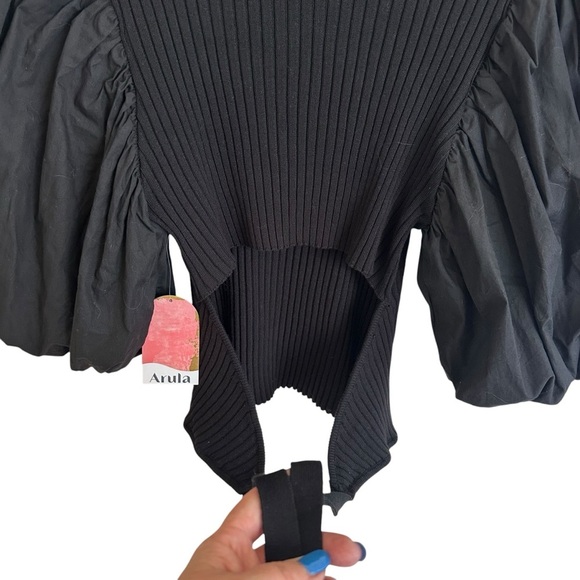 NWT Arula women’s XL “X” Black Puff Sleeve Crop Top Tie Back Stretchy Boho New - Picture 2 of 7
